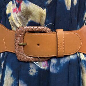 LAUREN Ralph Lauren Brown Leather Blue Crochet Stretch Wide Belt Leather Buckle